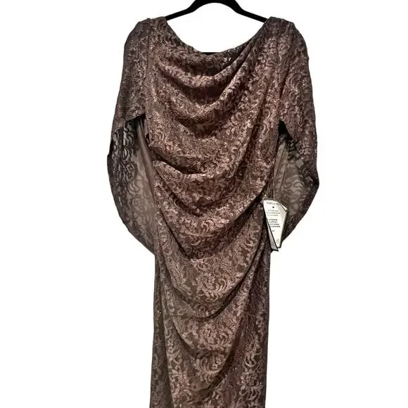 Betsy & Adam Women's Embellished Glitter-Lace Capelet Gown Brown Size 4 NWT